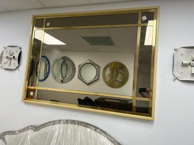 Large French Modern Brass and Smoked Glass Mirror