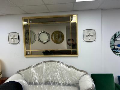 Large French Modern Brass and Smoked Glass Mirror