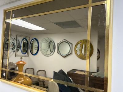 Large French Modern Brass and Smoked Glass Mirror