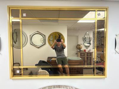 Large French Modern Brass and Smoked Glass Mirror