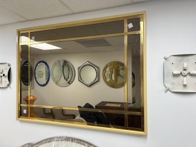 Large French Modern Brass and Smoked Glass Mirror