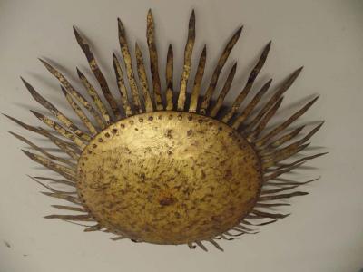 Large French Modern Neoclassical Gilt Iron Sunburst Flush Mount Pendant 1940
