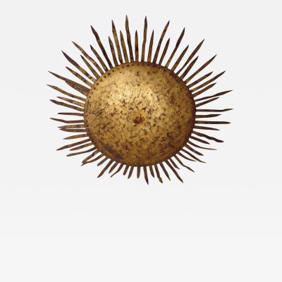 Large French Modern Neoclassical Gilt Iron Sunburst Flush Mount Pendant 1940