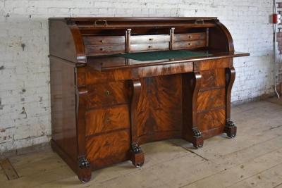 Large French Neoclassical Mahogany Roll Top Desk