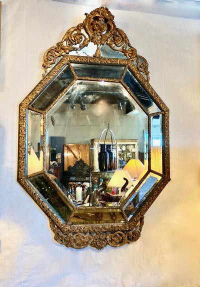 Large French Octagonal Brass Repousse Mirror