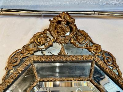 Large French Octagonal Brass Repousse Mirror