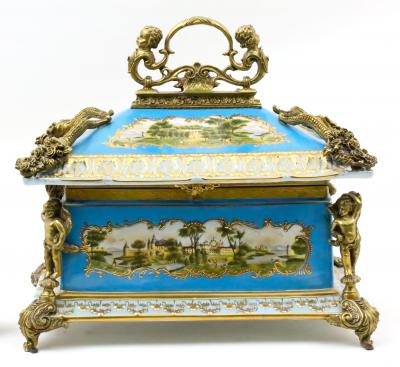 Large French Sevres Style Porcelain Ormolu Mounted Casket Box 19th Century