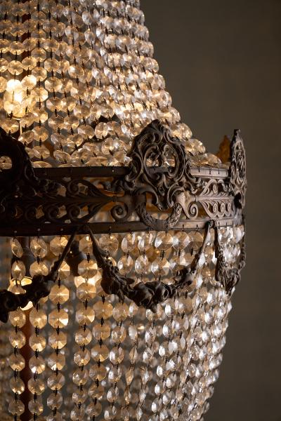Large Gilt Bronze and Crystal Sac Perles Chandelier