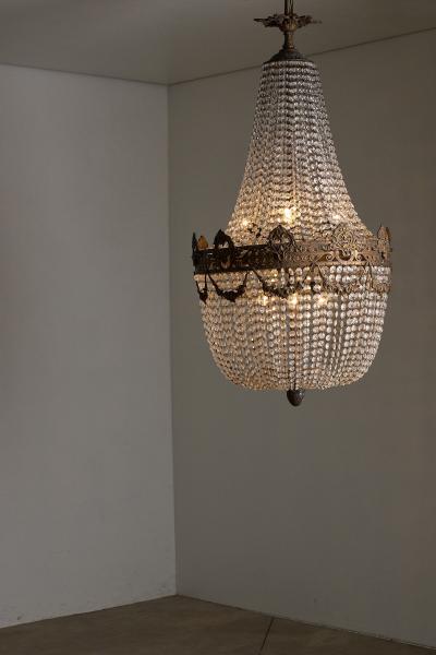 Large Gilt Bronze and Crystal Sac Perles Chandelier