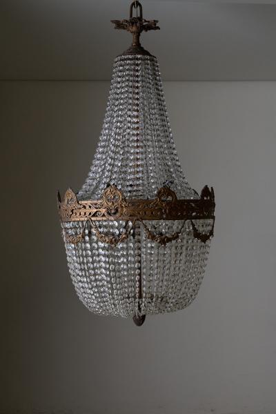 Large Gilt Bronze and Crystal Sac Perles Chandelier