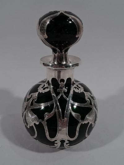 Large Gorham Art Nouveau Green Glass Silver Overlay Perfume