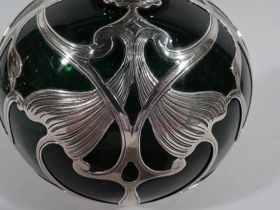 Large Gorham Art Nouveau Green Glass Silver Overlay Perfume