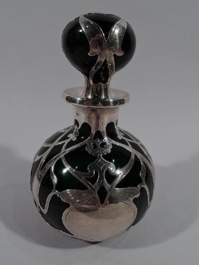 Large Gorham Art Nouveau Green Glass Silver Overlay Perfume