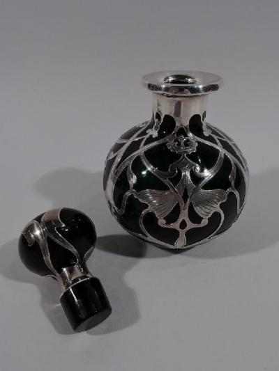 Large Gorham Art Nouveau Green Glass Silver Overlay Perfume