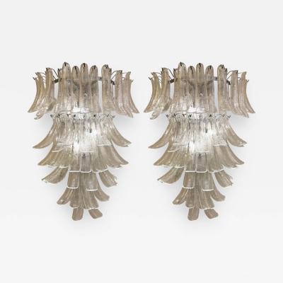 Large Hand Crafted Pair of Murano Clear Glass Cascading Petal Sconces