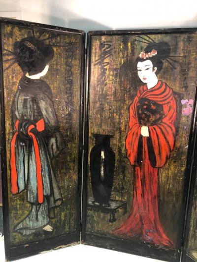 Large Handpainted Folding Screen Japanese Women in Fancy Kimonos