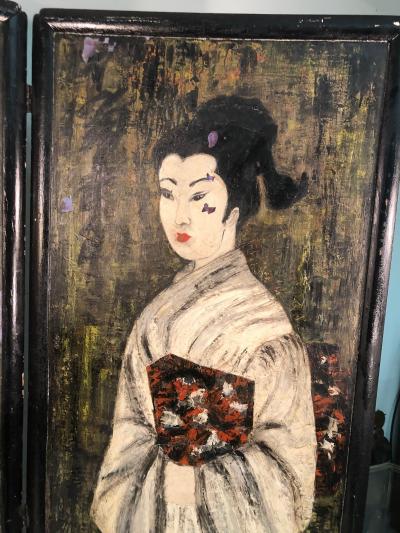 Large Handpainted Folding Screen Japanese Women in Fancy Kimonos