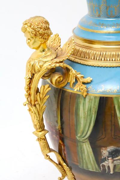 Large Impressive Antique Dresden Porcelain Ormolu Mounted Hand Painted Urn
