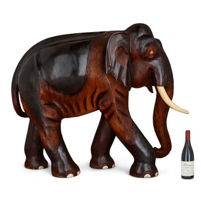 Large Indian carved and painted wood elephant figure