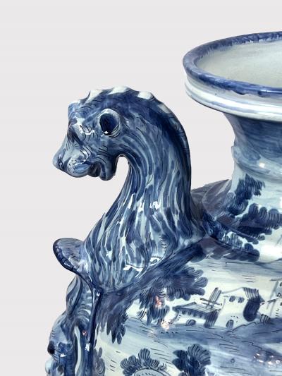 Large Italian Albisola Blue and White Tin glazed Majolica Urn Vase