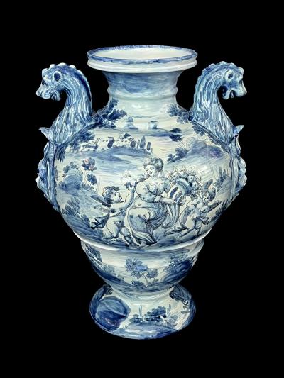 Large Italian Albisola Blue and White Tin glazed Majolica Urn Vase