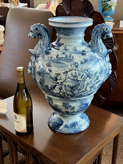 Large Italian Albisola Blue and White Tin glazed Majolica Urn Vase