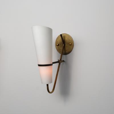 Large Italian Brass Wall Sconce with Conical Opaline Glass Shades 1950