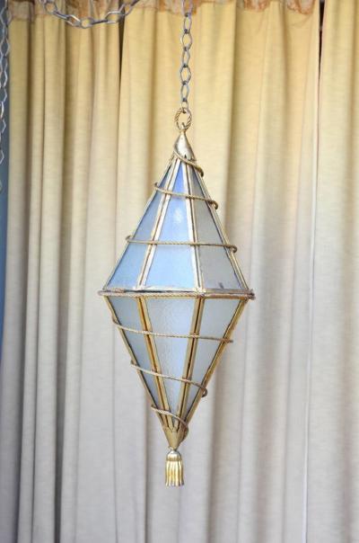 Large Italian Glass and Gilt Metal Geometric Hanging Lantern
