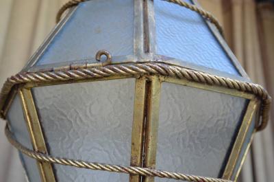 Large Italian Glass and Gilt Metal Geometric Hanging Lantern