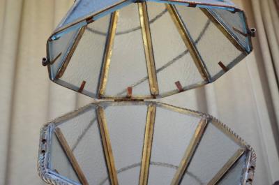 Large Italian Glass and Gilt Metal Geometric Hanging Lantern