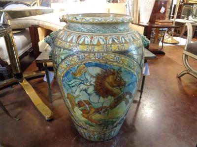 Large Italian Glazed Terracotta Urn with Stylized Horse