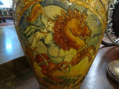 Large Italian Glazed Terracotta Urn with Stylized Horse