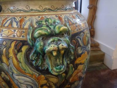 Large Italian Glazed Terracotta Urn with Stylized Horse