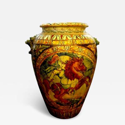 Large Italian Glazed Terracotta Urn with Stylized Horse