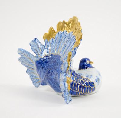 Large Italian Hand Painted Gilt Polychrome Porcelain Dove Bird Figurines