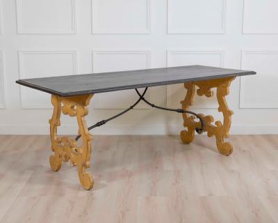 Large Italian Lacquered Lyre Table in Siena Yellow and Dark Brown
