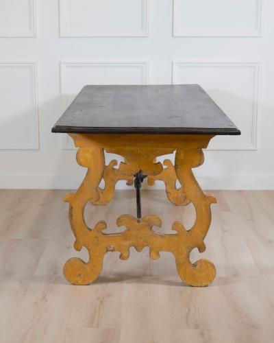 Large Italian Lacquered Lyre Table in Siena Yellow and Dark Brown