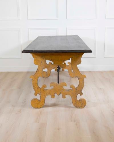 Large Italian Lacquered Lyre Table in Siena Yellow and Dark Brown