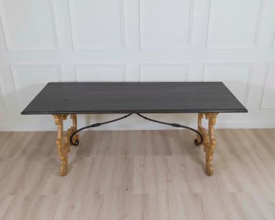 Large Italian Lacquered Lyre Table in Siena Yellow and Dark Brown