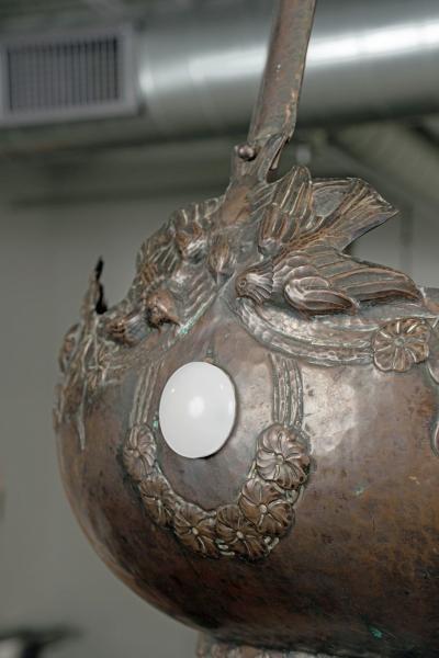 Large Italian Light in Copper Repousse and Opaline Shade