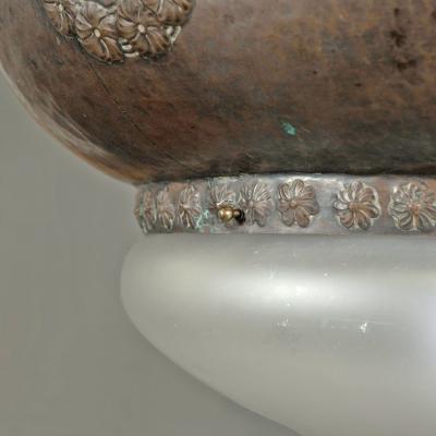 Large Italian Light in Copper Repousse and Opaline Shade