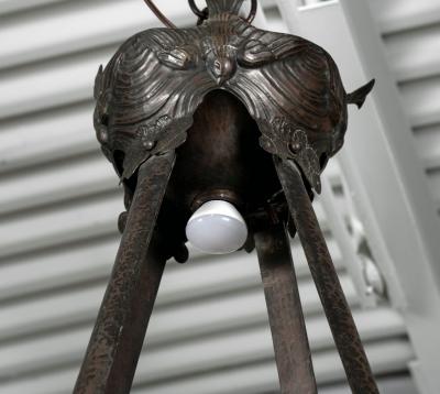 Large Italian Light in Copper Repousse and Opaline Shade