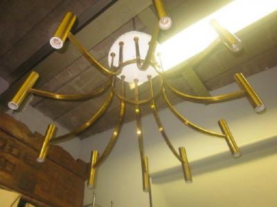 Large Italian Mid Century Modern Neoclassical Chandelier Flush Mount in Brass