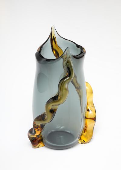 Large Italian Murano Gray and Amber Vase in Charcoal Gray and Amber