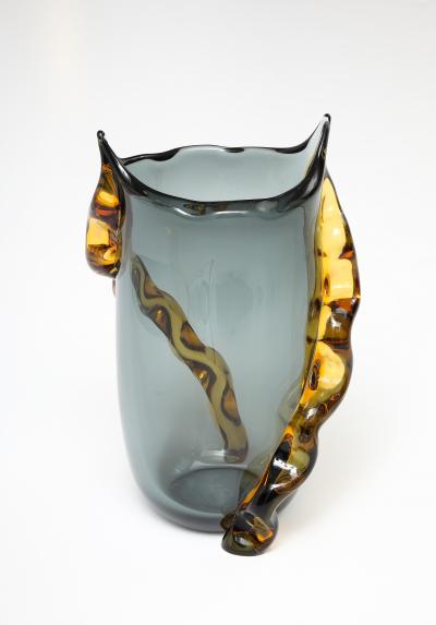 Large Italian Murano Gray and Amber Vase in Charcoal Gray and Amber