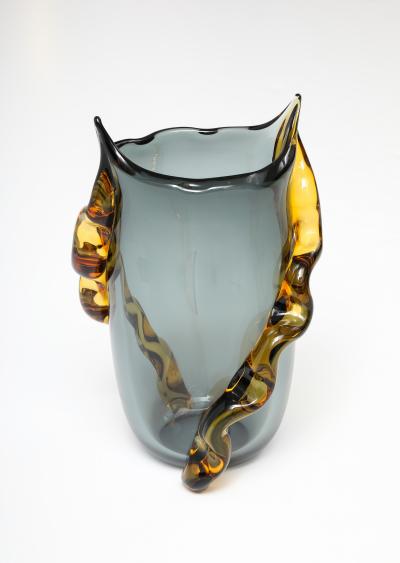 Large Italian Murano Gray and Amber Vase in Charcoal Gray and Amber