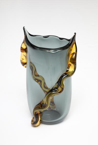 Large Italian Murano Gray and Amber Vase in Charcoal Gray and Amber