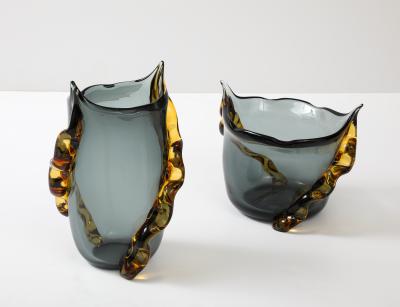 Large Italian Murano Gray and Amber Vase in Charcoal Gray and Amber