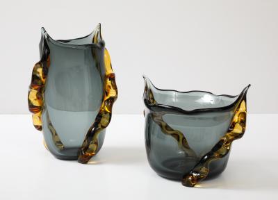 Large Italian Murano Gray and Amber Vase in Charcoal Gray and Amber