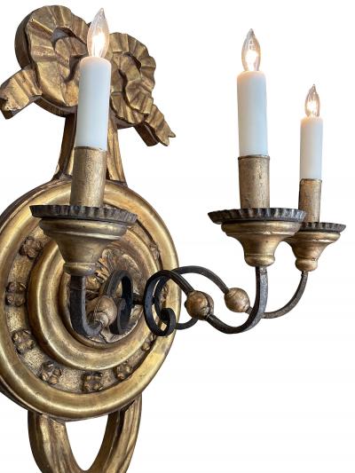 Large Italian baroque style 3 arm giltwood and iron wall sconce now electrified